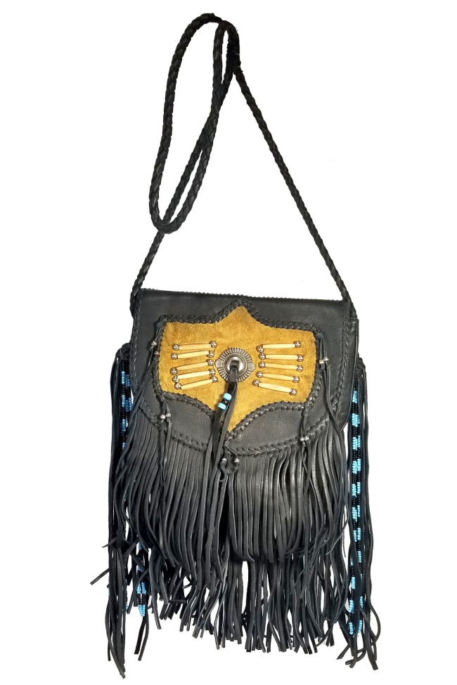 (image for) Native Sun Brass Beaded Fringe Leather Shoulder Bag